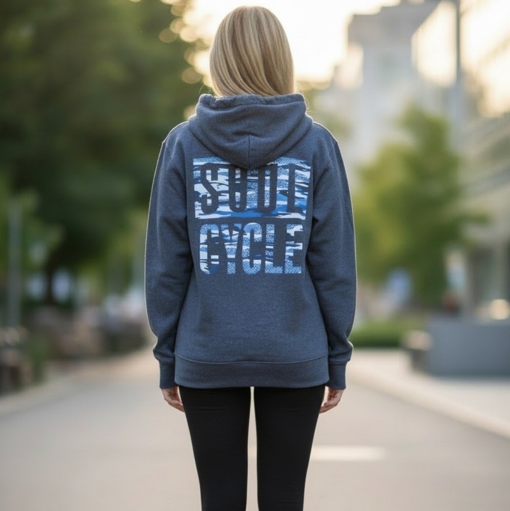 SoulCycle Medium Blue full-zip hoodie. Comes W/ Silver SoulCycle Tote NWOT